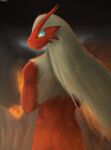  anthro blaziken crossed_arms fire fur generation_3_pokemon glowing glowing_eyes hair hi_res lava long_hair looking_at_viewer looking_back male mountain muscular nintendo pokemon pokemon_(species) saerixdurr solo volcano yellow_eyes 