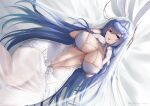  1girl :3 :p absurdly_long_hair absurdres animal_ears azur_lane bare_shoulders blue_eyes blue_hair breasts bridal_veil center_opening cleavage collarbone commentary dress elbow_gloves fake_animal_ears gloves hair_between_eyes hair_ornament hair_spread_out hands_up highres irkawaza large_breasts long_hair looking_at_viewer lying new_jersey_(azur_lane) new_jersey_(snow-white_ceremony)_(azur_lane) official_alternate_costume on_back rabbit_ears see-through see-through_dress shadow sidelocks smile solo star_(symbol) star_hair_ornament stomach tongue tongue_out twitter_username veil very_long_hair wedding_dress white_dress white_gloves 