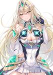  1girl bare_shoulders blonde_hair breasts circlet cleavage cleavage_cutout clothing_cutout core_crystal_(xenoblade) covered_navel cowboy_shot dress earrings elbow_gloves gloves glowing highres inoue_takuya_(tactactak) jewelry long_hair looking_at_viewer mythra_(xenoblade) simple_background solo swept_bangs very_long_hair white_background white_dress white_gloves xenoblade_chronicles_(series) xenoblade_chronicles_2 yellow_eyes 