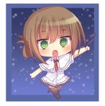  1girl @_@ arm_at_side arm_up black_thighhighs blue_background blush border brown_hair capelet chibi commentary_request crazy eyes_visible_through_hair folded_ponytail frilled_skirt frills green_eyes hair_between_eyes holding holding_whip jitome korokoro_cat medium_hair necktie open_mouth red_necktie school_uniform shirt simple_background skirt smile snowing solo subarashiki_hibi tachibana_kimika thighhighs walking white_border white_capelet white_shirt white_skirt wide-eyed zettai_ryouiki 