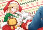  alternate_costume blonde_hair blue_pants christmas closed_mouth earrings elf_hat genshin_impact hair_between_eyes hair_ornament jewelry kaveh_(genshin_impact) long_hair male_focus merry_christmas midriff multicolored_clothes multicolored_shirt pants red_eyes red_headwear red_sleeves stomach stuffed_animal stuffed_lion stuffed_tiger stuffed_toy twinayaume 