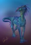  2018 akrolayn ambiguous_gender blue_body blue_scales blue_stripes digital_media_(artwork) digital_painting_(artwork) dragon feral full-length_portrait gradient_background green_body green_scales hi_res outline portrait purple_body purple_outline purple_scales quadruped reptile scales scalie simple_background solo standing striped_body striped_scales stripes three-quarter_view 