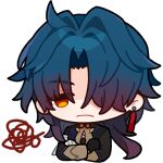  1boy annoyed bandaged_hand bandages black_gloves black_sleeves blade_(honkai:_star_rail) chest_sarashi chibi closed_mouth crossed_arms earrings english_commentary gloves hair_over_one_eye honkai:_star_rail honkai_(series) jewelry long_hair male_focus official_art parted_lips sarashi single_glove solo transparent_background 