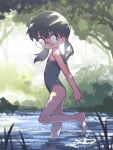  1girl arms_behind_back ass bare_shoulders barefoot black_eyes black_hair black_one-piece_swimsuit closed_mouth day flat_chest foliage foot_out_of_frame from_side glasses grass hair_between_eyes hair_tie highres in_water long_hair looking_at_viewer one-piece_swimsuit orenji_(wholesomeorenji) original outdoors round_eyewear smile solo splashing split_mouth standing standing_on_one_leg straight_hair swimsuit tree twintails 