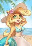  accessory activision alex-toons anthro beach bikini blonde_hair breasts cleavage clothed clothing coco_bandicoot crash_bandicoot_(series) female flower flower_in_hair green_eyes hair hair_accessory hat headgear headwear hi_res lipstick long_hair makeup mammal marsupial navel open_mouth open_smile plant sand seaside signature smile solo swim_ring swimwear water 