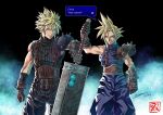  1boy armor baggy_pants belt black_pants black_shirt blonde_hair blue_eyes blue_shirt brown_belt brown_gloves buster_sword closed_mouth cloud_strife dated dual_persona dzoho english_commentary english_text final_fantasy final_fantasy_vii final_fantasy_vii_remake gloves highres holding holding_sword holding_weapon huge_weapon leather leather_gloves male_focus multiple_belts pants ribbed_shirt shirt short_sleeves shoulder_armor single_shoulder_pad speech_bubble spiked_hair studded_gloves suspenders sword weapon 