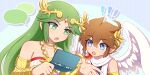  ! !! 1boy 1girl ahoge angel angel_wings armlet bare_shoulders blue_eyes brown_hair collarbone derivative_work drop_shadow enni forehead_jewel green_hair handheld_game_console highres holding holding_handheld_game_console kid_icarus kid_icarus_uprising laurel_crown long_hair looking_at_another nintendo_3ds open_mouth palutena pit_(kid_icarus) screencap_redraw wings 