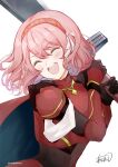  1girl armor artist_name atoatto black_gloves breastplate cape claymore_(sword) closed_eyes fire_emblem fire_emblem_engage gloves hairband holding holding_sword holding_weapon lapis_(fire_emblem) open_mouth open_smile pink_hair red_armor red_cape short_hair smile solo sword upper_body weapon 