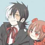  1boy 1girl :3 black_coat black_jack_(character) black_jack_(series) blue_background bow brown_hair closed_mouth coat commentary english_commentary hair_between_eyes hair_bow lowres multicolored_hair oneroom-disco patchwork_skin pinoko red_ribbon ribbon scar scar_on_face shirt short_hair smile split-color_hair stitched_face stitches two-tone_hair white_shirt yellow_eyes 