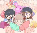  1boy 2girls black_hair brown_hair character_name elu_(nijisanji) fangs grey_hair hayase_sou headphones headphones_around_neck highres iv_4t multicolored_hair multiple_girls nijisanji pointy_ears red_eyes streaked_hair stuffed_toy virtual_youtuber wristband yumeoi_kakeru 