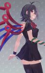  1girl ahoge akagashi_hagane asymmetrical_wings black_dress black_hair black_thighhighs blue_wings cowboy_shot dress grin hair_between_eyes houjuu_nue red_eyes red_wings short_hair short_sleeves smile solo thighhighs touhou wings 