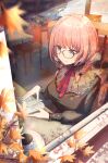  1girl absurdres autumn_leaves black_shirt blue_eyes blurry blurry_foreground book braid chair cup falling_leaves glasses highres holding holding_book hololive leaf multicolored_hair neck_ribbon oki_no_fuji pink_hair pink_ribbon purple_skirt reading ribbon saucer shirt skirt solo streaked_hair table takane_lui tea teacup twin_braids virtual_youtuber white_hair 
