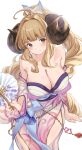  1girl absurdres ahoge alternate_hairstyle anila_(granblue_fantasy) anila_(yukata)_(granblue_fantasy) bare_shoulders belly_chain blonde_hair blunt_bangs bow breasts closed_mouth collarbone commentary_request curled_horns draph granblue_fantasy hair_bow hair_ribbon hand_fan highres horns hoshido1214 japanese_clothes jewelry kimono large_breasts long_hair looking_at_viewer obi off_shoulder ponytail ribbon sash sheep_horns short_eyebrows short_kimono short_yukata simple_background sitting smile solo thick_eyebrows white_bow white_kimono white_ribbon wide_sleeves yellow_eyes yukata 