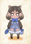  1girl animal_ears blush boots bow bowtie brown_background brown_hair bucket closed_mouth common_wombat_(kemono_friends) extra_ears full_body gloves highres kawanami_eito kemono_friends kemono_friends_3 looking_at_viewer overalls scarf shirt short_hair shovel simple_background solo 