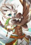  2023 anthro avian beak biped bird blue_eyes breath_of_the_wild clothed clothing colored english_text feathers featureless_crotch hi_res looking_at_viewer male mouseyin_(artist) nintendo open_mouth open_smile rito signature smile solo tears_of_the_kingdom text the_legend_of_zelda tulin_(tloz) white_body white_feathers 