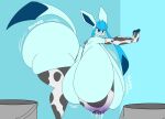  anthro big_breasts big_butt blue_body bodily_fluids breasts butt canid canine canis clothed clothing digital_media_(artwork) eeveelution female female/female feral fox fur generation_4_pokemon glaceon hi_res huge_breasts huge_butt hyper lactating lactating_through_clothing looking_at_viewer mammal nintendo nipples open_mouth pokemon pokemon_(species) simple_background smile solo thiccbuns wet wet_clothing 