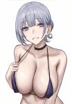  1girl bare_arms bare_shoulders black_choker blush breasts choker cleavage collarbone girls&#039;_frontline grey_hair highres large_breasts looking_at_viewer purple_eyes rpk-16_(girls&#039;_frontline) selcky sideboob simple_background smile solo upper_body white_background 