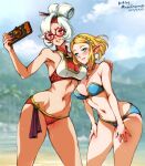  2girls alternate_costume arched_back arm_around_shoulder beach bikini blonde_hair blue_bikini blurry blurry_background braid breasts collared_bikini crown_braid dated earrings english_commentary green_eyes hair_ornament hair_stick hairclip hands_on_own_thighs holding jewelry large_breasts leaning_forward mina_cream multiple_girls navel necklace outdoors palm_tree parted_bangs parted_lips pointy_ears princess_zelda purah purah_pad red-framed_eyewear red_bikini red_eyes round_eyewear sheikah short_hair smile swimsuit the_legend_of_zelda the_legend_of_zelda:_tears_of_the_kingdom tree twitter_username updo wet white_hair 