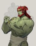  1boy abs absurdres bara bite_mark colored_skin cowboy_shot crown ganondorf grabbing green_skin hand_up highres kuroshima_kurishiro_(muyi24108414) large_pectorals long_hair looking_at_viewer male_focus mature_male muscular muscular_male nipples pectoral_grab pectorals pointy_ears ponytail red_hair shiny_skin short_hair solo the_legend_of_zelda the_legend_of_zelda:_tears_of_the_kingdom 