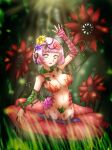  1girl absurdres alraune arm_up armpits blurry breasts cleavage collarbone colored_skin commentary_request depth_of_field flower forest_(simise) grey_eyes hair_between_eyes hair_flower hair_ornament highres in_water looking_at_viewer monster_girl navel original outdoors pink_hair plant_girl pointy_ears short_hair sidelocks solo stomach veins waving 