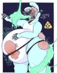  anthro belly belt big_belly blush bodily_fluids bunny_costume butt clothed clothing costume digital_media_(artwork) expansion fur furr3ak hair holding_belly hyena inflation male mammal simple_background slime solo stuck text trapped wide_hips 