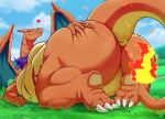  &lt;3 absurd_res anthro big_butt butt charizard claws dragon feet fire flaming_tail generation_1_pokemon hi_res huge_butt hyper hyper_butt kerchief kerchief_only looking_back lying male membrane_(anatomy) membranous_wings mostly_nude neckerchief neckerchief_only nintendo nude on_front on_grass on_ground orange_body outside overweight overweight_anthro overweight_male pokemon pokemon_(species) presenting presenting_hindquarters sky smile solo steen tail toe_claws wings 