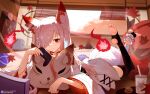  1girl absurdres animal_ears controller feet fox_ears fox_girl fox_mask fox_tail game_controller hair_over_one_eye highres kitsune liwendala long_hair looking_at_viewer mask original pillow red_eyes smile soles solo stirrup_legwear tail toeless_legwear toes white_hair 