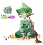  1girl ahoge bright_pupils broom bulbasaur choker colored_skin cone_hair_bun crop_top detached_sleeves double_bun endifi flower freckles green_hair green_pants green_skin hair_bun holding holding_broom midriff pants personification pointy_ears pokemon puffy_pants puffy_sleeves red_flower reference_inset sitting spiked_anklet white_background white_pupils 