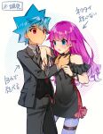  1boy 1girl adjusting_another&#039;s_clothes black_dress blue_eyes blue_hair clothing_cutout collared_shirt dress formal grey_shirt highres kamijou_tatsuhisa kirishima_romin long_hair necktie pantyhose purple_hair purple_pantyhose red_eyes satoimo_(3311_mi) shirt shoulder_cutout spiked_hair suit sweatdrop thigh_strap yu-gi-oh! yu-gi-oh!_sevens 