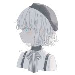  1girl absurdres beret black_headwear cropped_torso expressionless hat highres looking_to_the_side neck_ribbon original profile ribbon shirt short_hair simple_background solo striped striped_ribbon suspenders upper_body white_background white_eyes white_hair white_shirt yuge_kemuri 