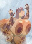  2023 5_fingers against_surface amphibian anthro areola big_breasts big_butt biped breasts breasts_on_glass brown_hair butt female fingers frog hair hand_on_glass hi_res huge_breasts leaning leaning_forward long_tongue nipples nude on_glass open_mouth open_smile purple_eyes shower smile solo steam tongue tongue_on_glass tongue_out vapplepie wet 