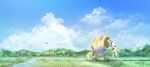  absurdres asaki_(asaki_vision) cloud commentary_request day grass highres hill no_humans outdoors pokemon pokemon_(creature) poliwag regigigas river scenery size_difference sky squirtle standing water yanmega 