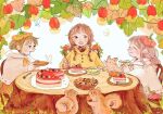  3girls artist_name braid cake cat flower_hat food leaf long_hair multiple_girls oniheya_53 open_mouth original painting_(medium) short_hair smile squirrel table traditional_media twin_braids watercolor_(medium) wavy_hair 