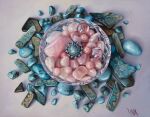  artist_name bowl gem grey_background lara_restelli no_humans oil_painting_(medium) original painting_(medium) rock rose_quartz_(gemstone) still_life traditional_media turquoise_(gemstone) 