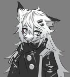  accessory alternate_species anthro arknights canid canine canis clothing female furrification hair_accessory hi_res hypergryph lappland_(arknights) mammal mazzlerazz monochrome sharp_teeth simple_background smile solo studio_montagne teeth wolf 