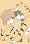  2girls ahoge animal_hood artist_name blush brown_hair commentary_request hair_over_shoulder hand_on_another&#039;s_face highres hood hood_down hood_up koito_yuu long_sleeves multiple_girls nanami_touko nyamo open_mouth orange_hair partial_commentary short_hair short_twintails sweatdrop tiger_hood twintails yagate_kimi_ni_naru yuri 