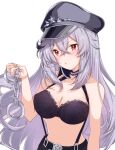 1girl azur_lane bare_shoulders black_bra black_hair black_headwear blush bra breasts cleavage crossed_bangs gangut_(azur_lane) gangut_(imposing_warden)_(azur_lane) grey_hair hand_up hat lace-trimmed_bra lace_trim large_breasts long_hair looking_at_viewer mikuchi3939 mole mole_under_eye multicolored_hair multiple_girls navel official_alternate_costume parted_lips partially_undressed peaked_cap solo stomach streaked_hair underwear upper_body white_hair wrist_cuffs 