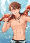  1boy anchor_necklace bead_necklace beads brown_hair chinese_commentary commentary_request ensemble_stars! floral_print hair_between_eyes hand_up holding holding_clothes jewelry looking_at_viewer male_focus morisawa_chiaki naihowda necklace nipples official_alternate_costume outdoors red_eyes short_hair smile solo teeth topless_male upper_body wet_face 