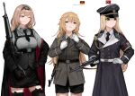  3girls assault_rifle black_dress black_footwear black_headwear black_jacket black_necktie black_skirt black_thighhighs blonde_hair blue_eyes breasts brown_necktie character_request dress east_german east_german_flag girls&#039;_frontline gloves green_eyes green_jacket griffin_&amp;_kryuger gun hat highres jacket looking_to_the_side military_hat military_uniform multiple_girls nazi nazi_war_ensign necktie rampart1028 rifle shirt skirt smile stg-940_(girls&#039;_frontline) stg44 stg44_(girls&#039;_frontline) thighhighs uniform weapon weapon_request white_background white_gloves white_shirt wieger_stg-940 