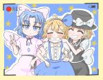  3girls absurdres alice-magatoro alice_margatroid alice_margatroid_(pc-98) black_headwear blonde_hair blue_dress blue_eyes blue_hair blush closed_eyes dress highres looking_at_viewer mai_(touhou) multiple_girls ribbon star_(symbol) touhou touhou_(pc-98) v white_dress white_ribbon wings yuki_(touhou) 