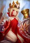  1girl absurdres bare_shoulders blonde_hair braid breasts crown dragon_tail dress elbow_gloves facial_mark fate/grand_order fate_(series) gloves hair_bun highres holy_grail_(fate) kylin_(leilla8775) looking_at_viewer nero_claudius_(fate) parted_lips queen_draco_(fate) queen_draco_(first_ascension)_(fate) red_dress red_eyes scales seiza sidelocks single_glove sitting small_breasts solo tail white_gloves 