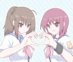  2girls ahoge angel_beats! blue_background brown_eyes brown_hair commentary heart heart_hands heart_hands_duo highres hisako_(angel_beats!) iwasawa_masami long_hair multiple_girls nanatsu95 pink_background red_eyes red_hair school_uniform serafuku shinda_sekai_sensen_uniform shirt short_hair smile striped striped_background two-tone_background upper_body white_shirt 