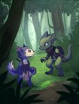 anthro armor backpack canid canine cloth duo female forest fur green_body green_eyes green_scales hi_res japanese_kobold kobold lizard male male/female mammal plant purple_body purple_fur reptile scales scalie scarf shield tree vavacung 