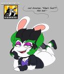  absurd_res anthro black_hair butt butt_cleavage butt_focus dialogue edge_(mario_plus_rabbids) female fur hair hi_res humanoid lagomorph legs_up looking_at_viewer lying mammal mario_plus_rabbids_sparks_of_hope on_front rabbid raving_rabbids rayman_(series) sharp_teeth smile smug smug_face smug_grin solo teeth ubisoft venomsquid white_body white_fur 