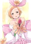  1girl :d bare_shoulders blush brown_eyes brown_flower collarbone dress flower forehead hair_flower hair_ornament highres hoshizora_rin looking_at_viewer love_live! love_live!_school_idol_project off-shoulder_dress off_shoulder orange_hair sen_(sen0910) smile solo swept_bangs white_dress 