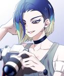  1girl 7hn0ng blue_hair bob_cut breasts brown_eyes camera choker green_hair holding long_sleeves looking_at_viewer loose_hair_strand multicolored_hair navel open_mouth perrin_(pokemon) photographer pokemon pokemon_(game) pokemon_sv shirt short_hair simple_background smile solo upper_body 