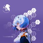  ayanami_rei blue_hair breasts collarbone english_text highres interface_headset looking_ahead neon_genesis_evangelion open_mouth plugsuit purple_background red_eyes short_hair sideboob teeth ysjw5483 