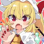  1girl ascot blonde_hair blush bow collared_shirt commentary_request crystal_wings eyelashes fang flandre_scarlet hair_bow hat medium_hair mob_cap nail_polish open_mouth paw_pose puffy_sleeves red_bow red_eyes red_nails red_shirt shirt side_ponytail simple_background skin_fang solo touhou upper_body v-shaped_eyebrows white_headwear white_sleeves wings yamase yellow_ascot 