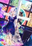  1girl aqua_hair blue_dress blue_ribbon blunt_bangs brick_wall clock cross dress floral_print flower frilled_dress frills gears hair_flaps hair_ornament hairclip hibiscus_print highres lize_helesta looking_at_viewer moon_print multicolored_hair neck_ribbon nijisanji pleated_dress purple_eyes ribbon ruopuyuan-ry sailor_collar short_hair sidelocks smile solo splashing stained_glass standing streaked_hair virtual_youtuber wading white_hair white_sailor_collar 