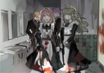  2boys 2girls apron bathroom black_dress black_gloves blonde_hair blood blood_on_clothes dress gloves green_hair gun highres indoors juliet_sleeves kamishiro_rui kusanagi_nene long_hair long_sleeves looking_at_viewer low_tied_sidelocks mirror multicolored_hair multiple_boys multiple_girls ootori_emu open_mouth pink_eyes pink_hair project_sekai puffy_sleeves purple_hair pyongtaro rifle short_hair sibyl_(vocaloid) sink smile streaked_hair tenma_tsukasa weapon white_apron wonderlands_x_showtime_(project_sekai) yellow_eyes 